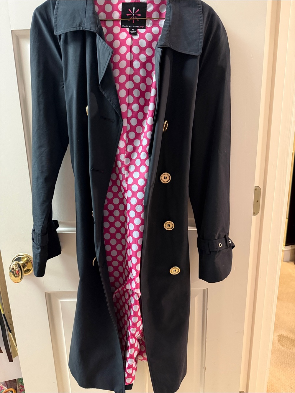 Isaac Mizrahi Black Trench Coat with Pink Polka Dot Lining